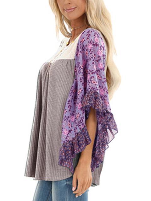 Floral Chiffon Sleeve Waffle Knit Blouse