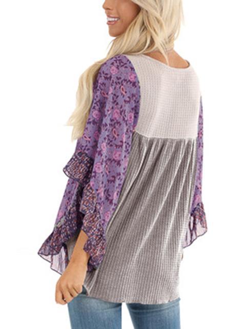 Floral Chiffon Sleeve Waffle Knit Blouse