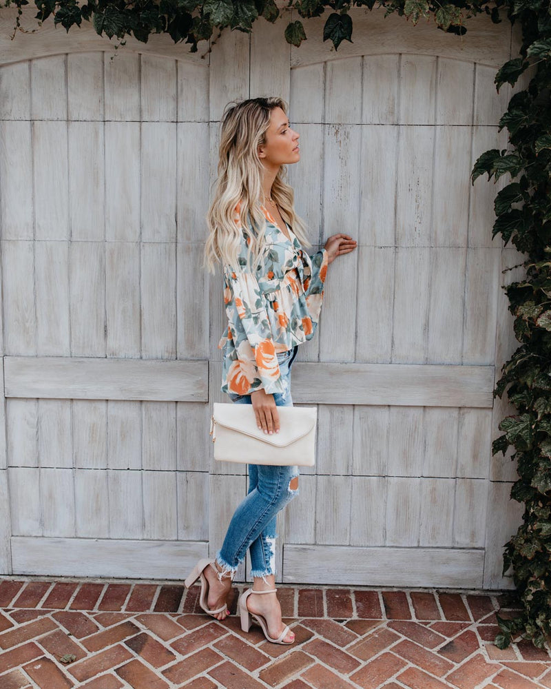 Long Sleeve Floral Deep V-neck Irregular Hem Blouse - Landing Closet