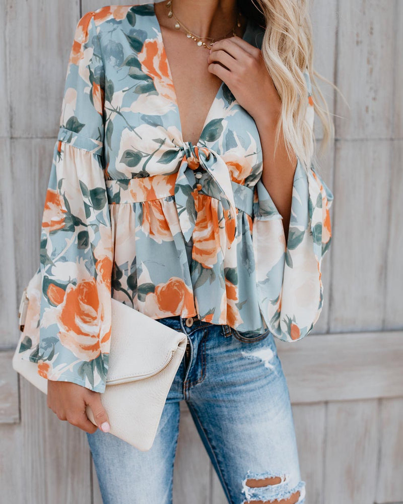 Long Sleeve Floral Deep V-neck Irregular Hem Blouse - Landing Closet