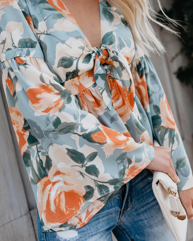 Long Sleeve Floral Deep V-neck Irregular Hem Blouse - Landing Closet