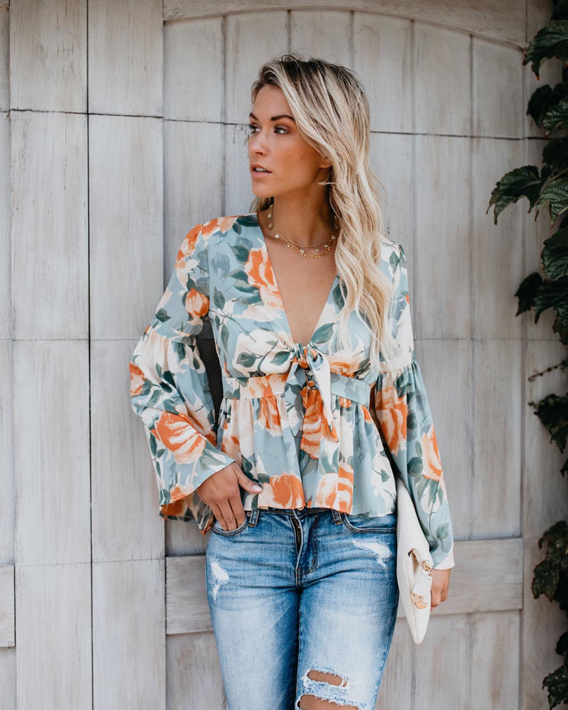 Long Sleeve Floral Deep V-neck Irregular Hem Blouse - Landing Closet