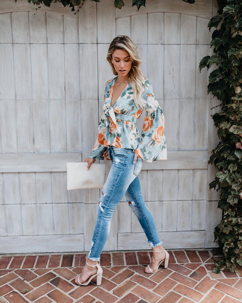 Long Sleeve Floral Deep V-neck Irregular Hem Blouse - Landing Closet