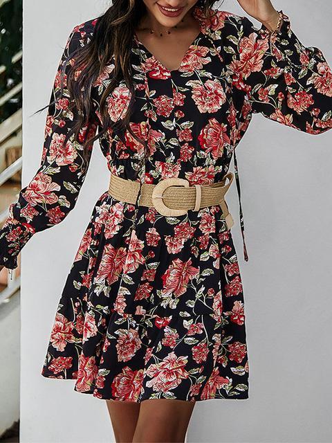 Flower Print Long Sleeve V Neck Mini Dress