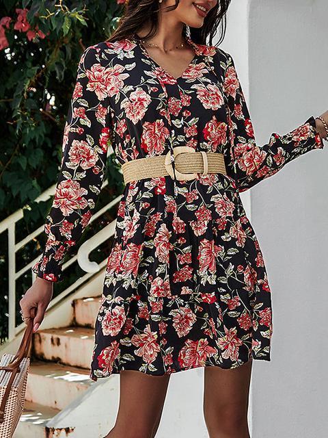 Flower Print Long Sleeve V Neck Mini Dress