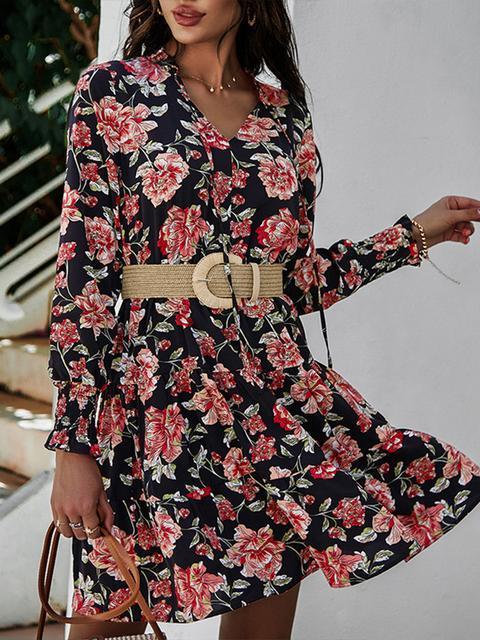 Flower Print Long Sleeve V Neck Mini Dress