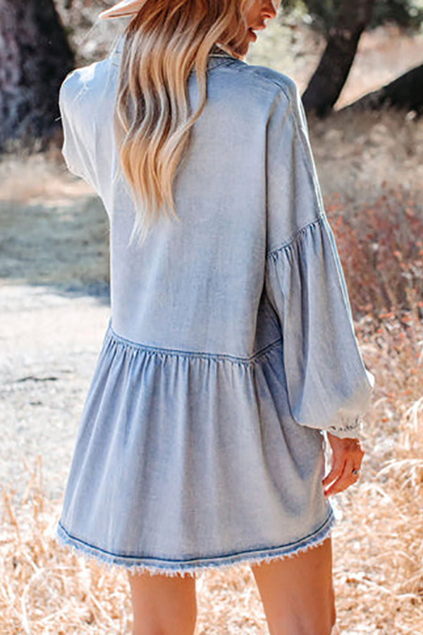 Frayed Hemline Button Long Sleeve Denim Dress