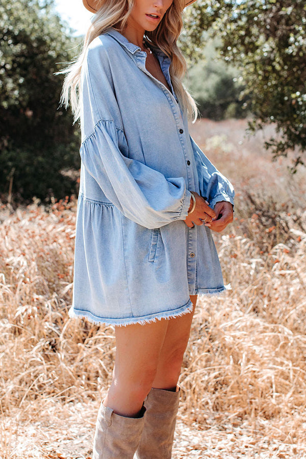 Frayed Hemline Button Long Sleeve Denim Dress