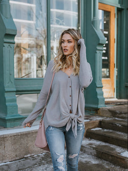 Grey Knotted V-neck Long Sleeved Button Sweater