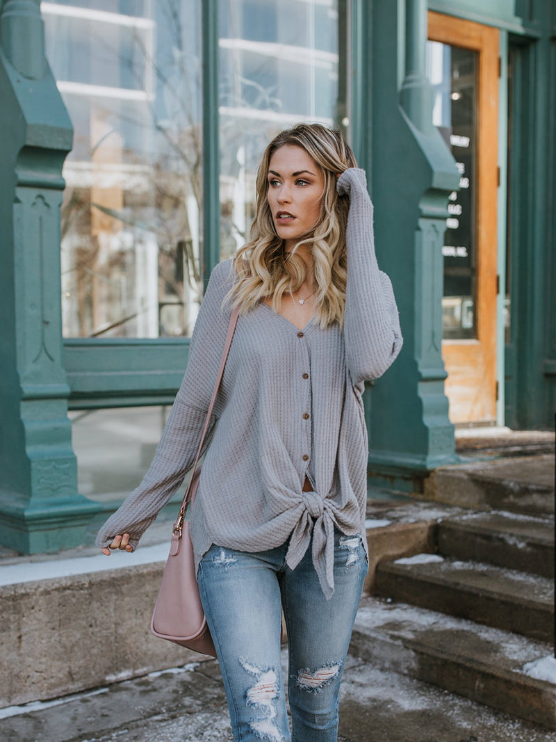 Grey Knotted V-neck Long Sleeved Button Sweater