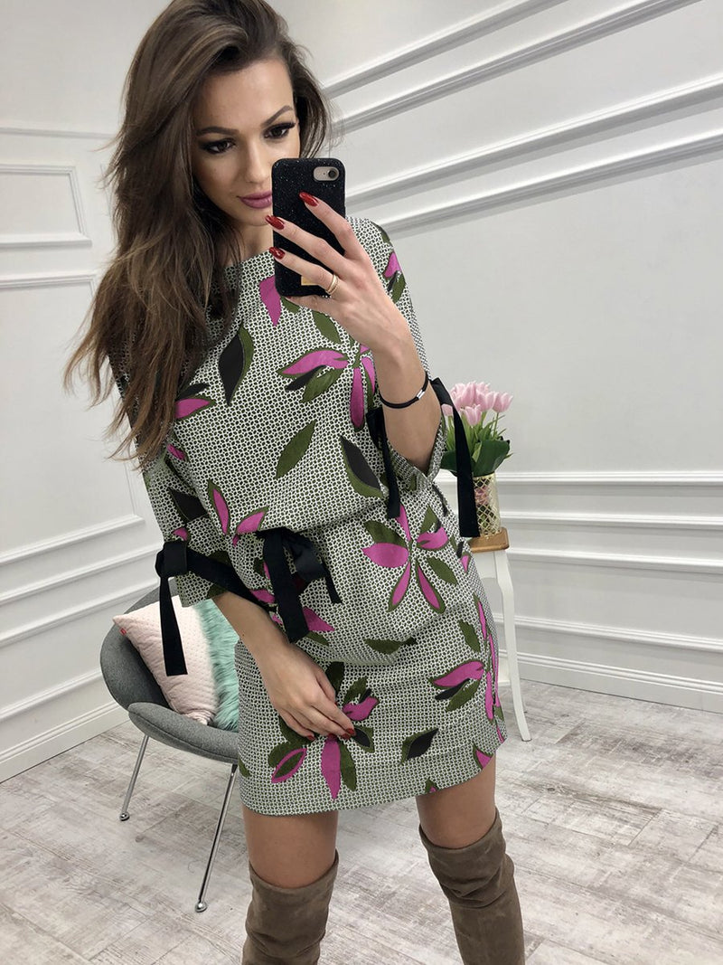 Floral Printed Round Neck Long Sleeves Midi Dress