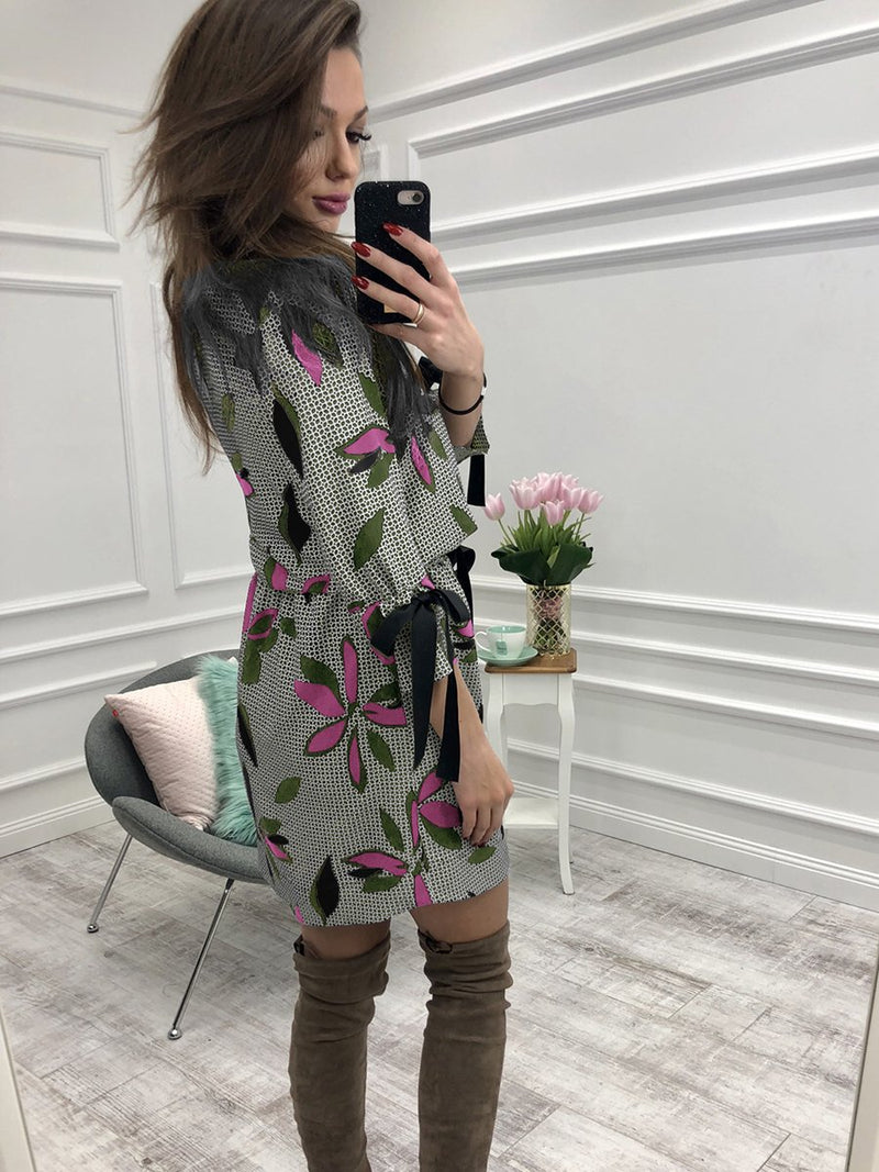 Floral Printed Round Neck Long Sleeves Midi Dress