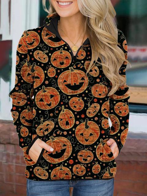 Halloween Print Zipper Up Sweatshirt