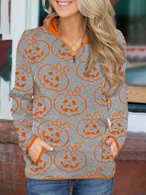 Halloween Print Zipper Up Sweatshirt