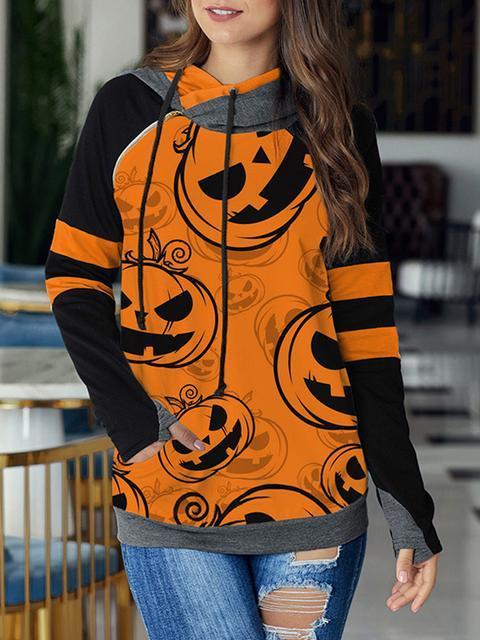 Halloween Pumpkin Print Drawstring Hoodie