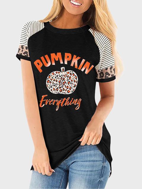 Halloween Stripes Leopard Pumpkin Print T-shirt