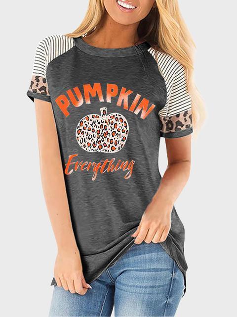 Halloween Stripes Leopard Pumpkin Print T-shirt