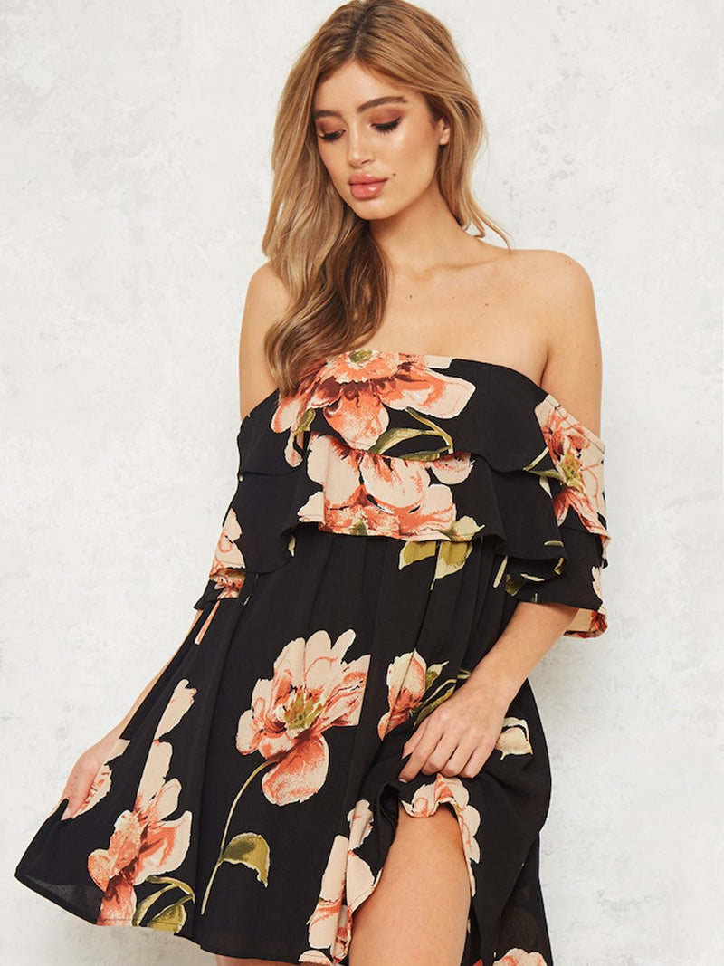 Floral Off Shoulder Backless Dress - Landing Closet