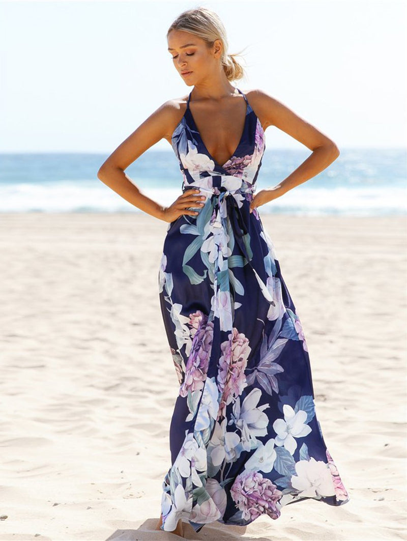 Floral Deep V-neck Maxi Dress - Landing Closet