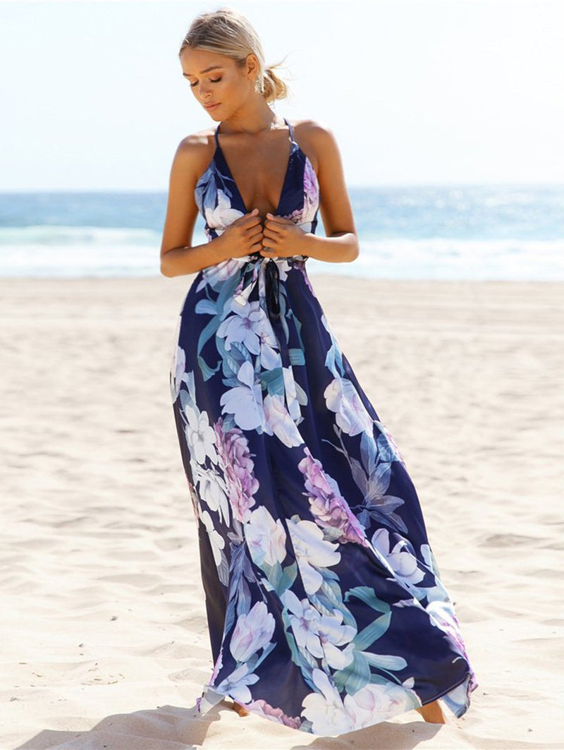 Floral Deep V-neck Maxi Dress - Landing Closet