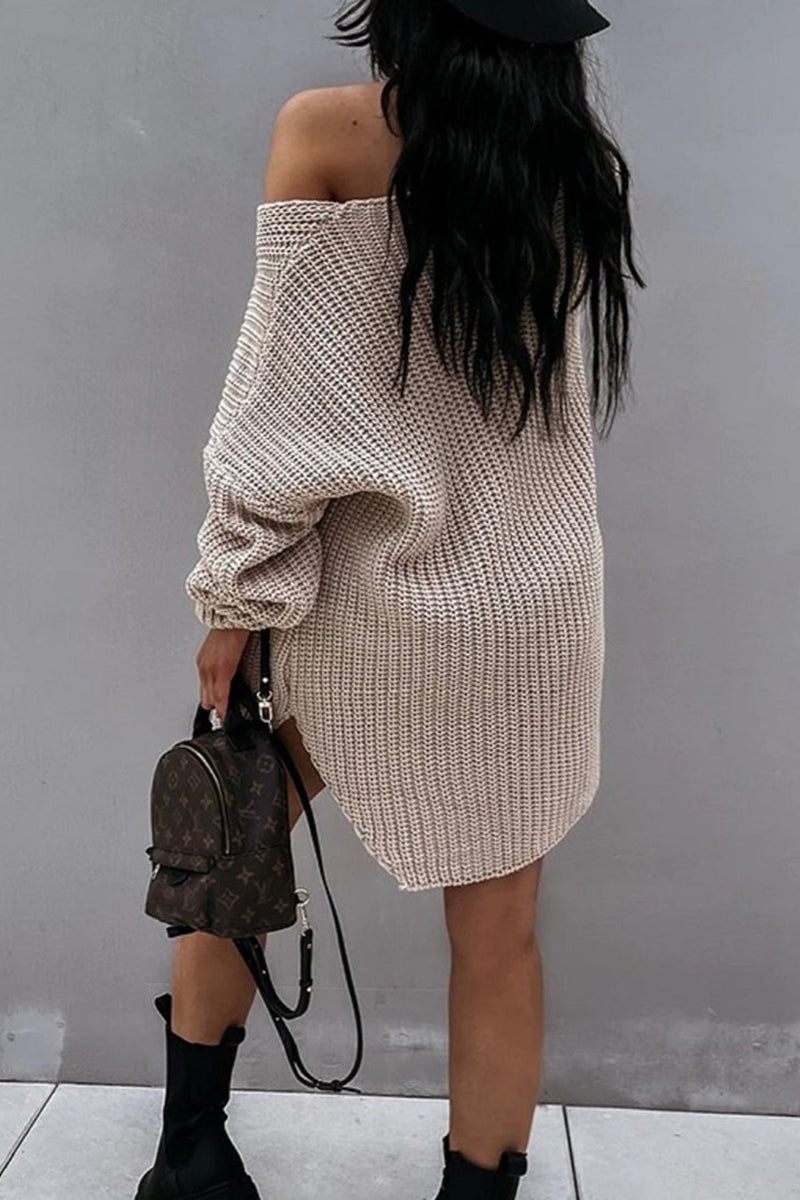 Side Slit V Neck Sweater Dress