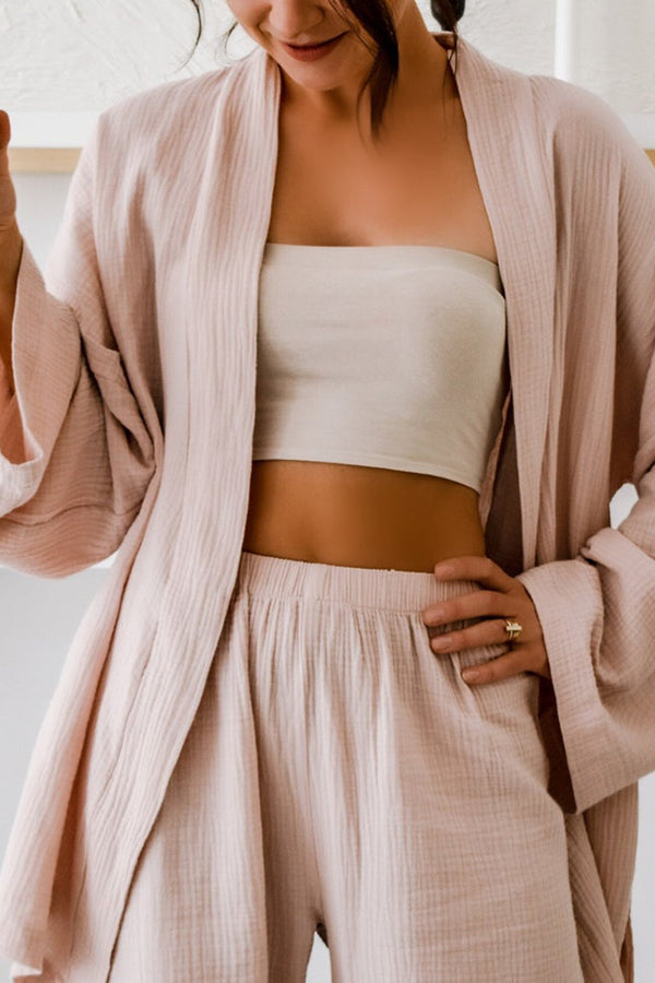 Solid Wide Leg Kimono Suit