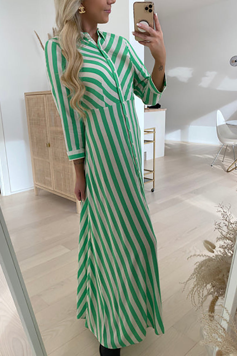 Stripe Long Sleeve Button Maxi Shirt Dress