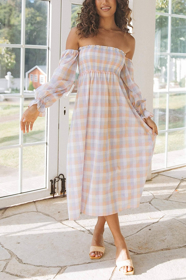 Off Shoulder Smocked Midi Dress