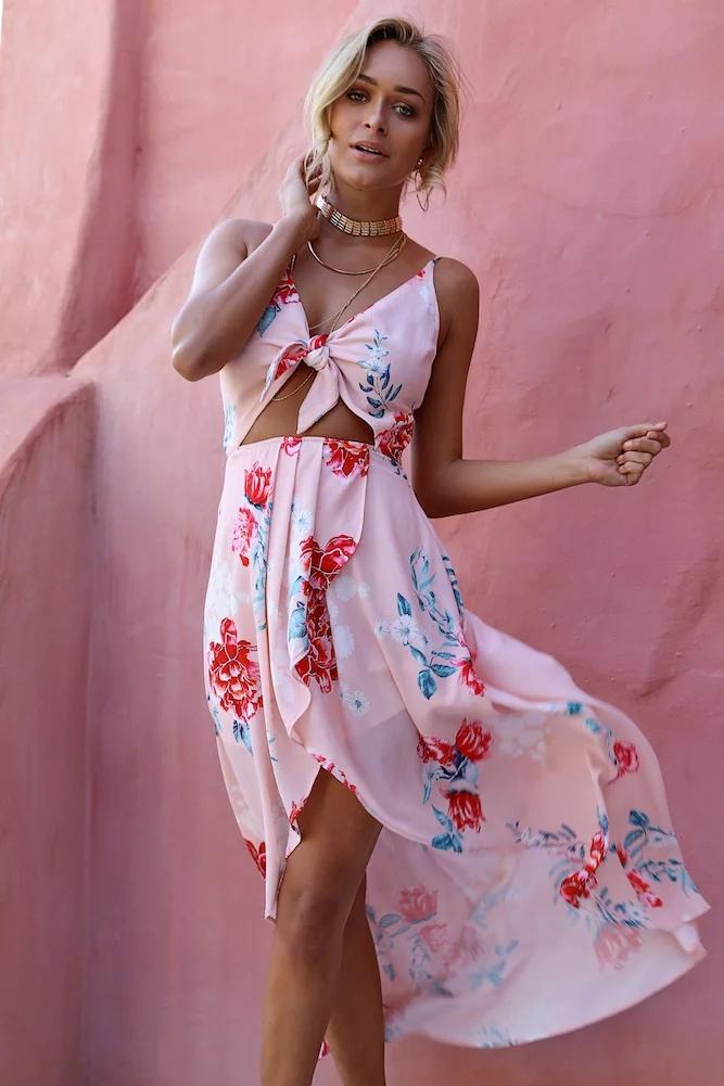 Pink Sleeveless Flowers Printed Irregular Hem Dress