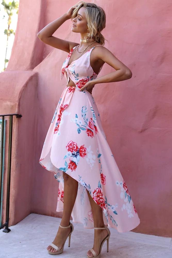 Pink Sleeveless Flowers Printed Irregular Hem Dress