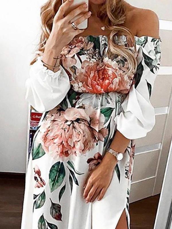 Women's Dresses Floral One-Shoulder Long Sleeve Split Dress