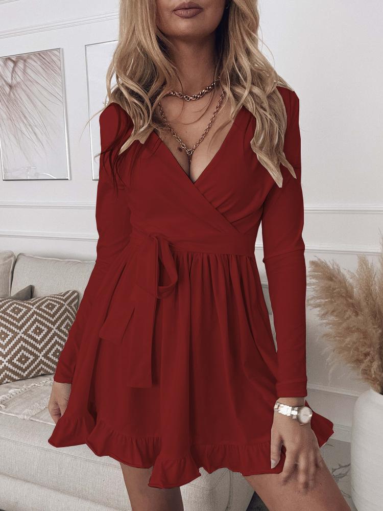 Women's Dresses Slim Fit Deep V Neck Long Sleeve Mini Dress