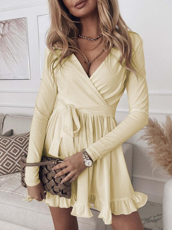 Women's Dresses Slim Fit Deep V Neck Long Sleeve Mini Dress