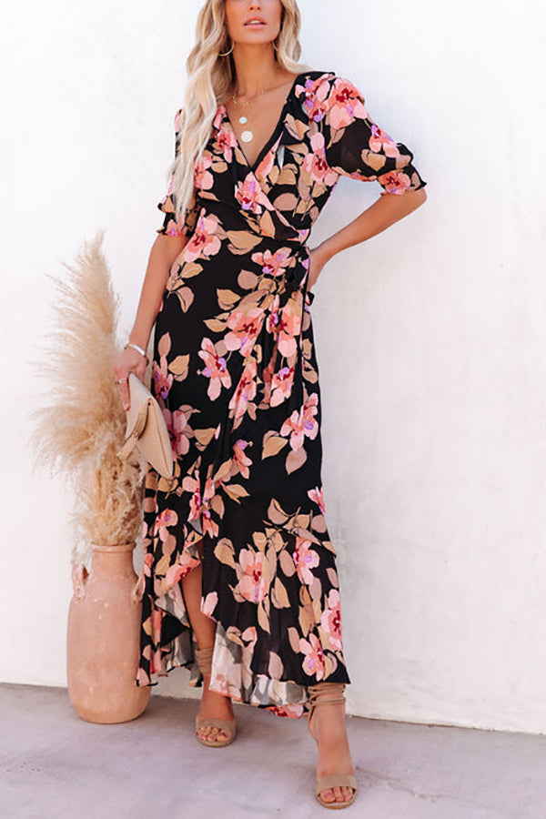 Floral Irregularity Wrap Maxi Dress