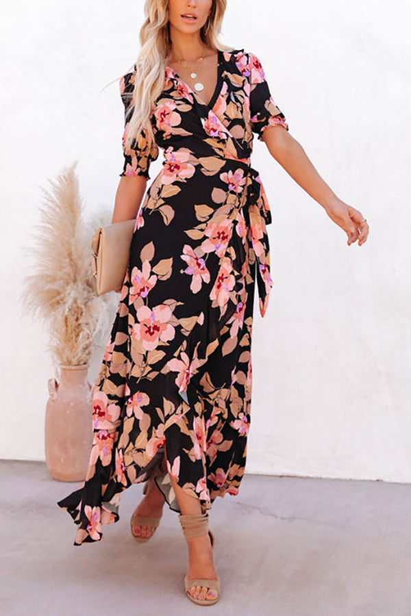 Floral Irregularity Wrap Maxi Dress