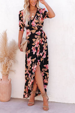 Floral Irregularity Wrap Maxi Dress