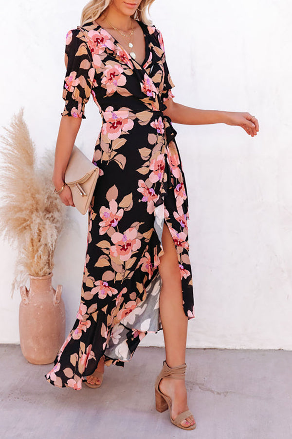 Floral Irregularity Wrap Maxi Dress