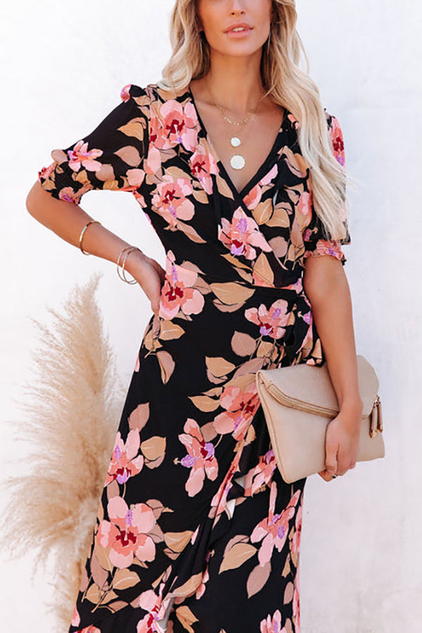 Floral Irregularity Wrap Maxi Dress