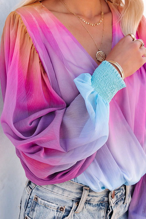 Ombre Rainbow Balloon Sleeve Blouse