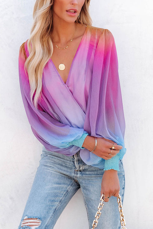 Ombre Rainbow Balloon Sleeve Blouse