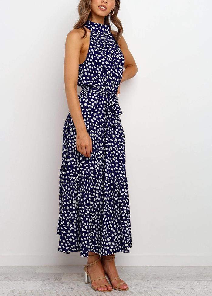 Lacing Halter Printed Sleeveless Maxi Dress