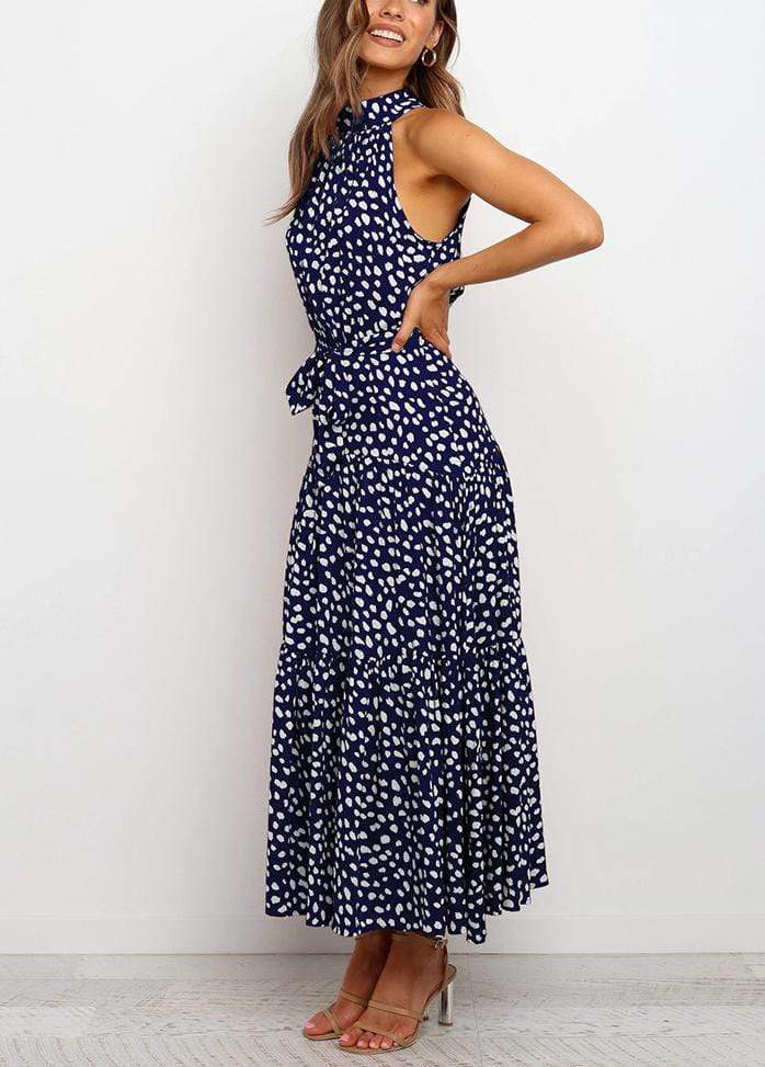 Lacing Halter Printed Sleeveless Maxi Dress