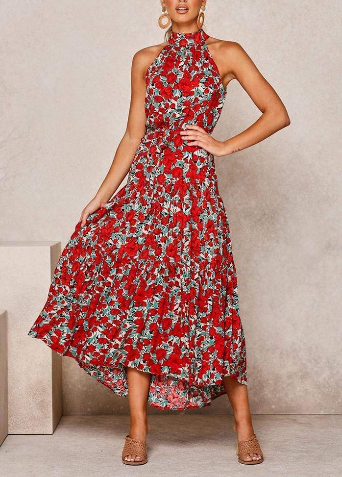 Lacing Halter Printed Sleeveless Maxi Dress