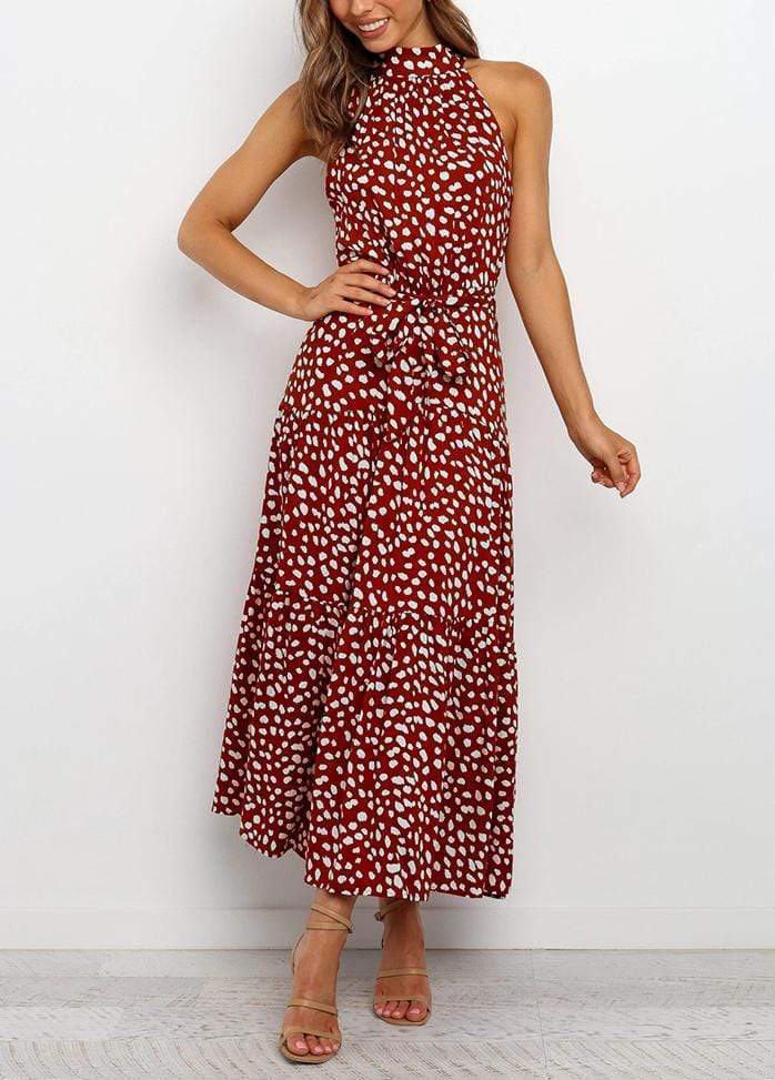 Lacing Halter Printed Sleeveless Maxi Dress