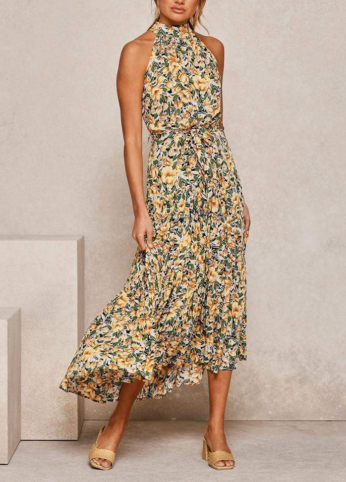 Lacing Halter Printed Sleeveless Maxi Dress