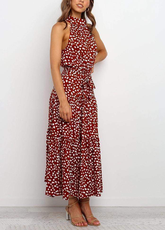 Lacing Halter Printed Sleeveless Maxi Dress