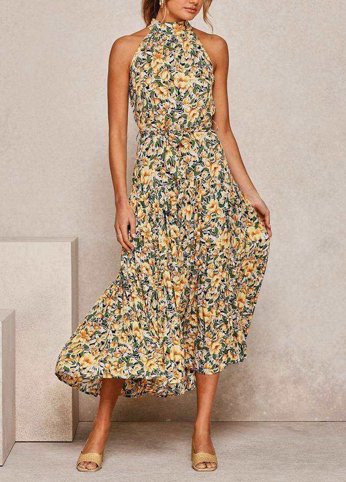 Lacing Halter Printed Sleeveless Maxi Dress