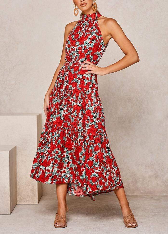 Lacing Halter Printed Sleeveless Maxi Dress