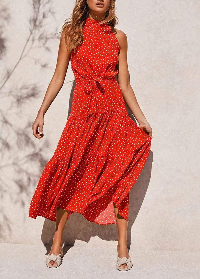 Lacing Halter Printed Sleeveless Maxi Dress