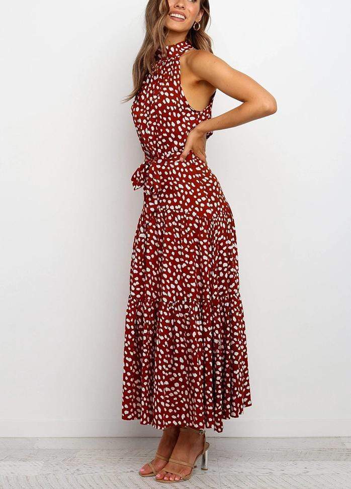 Lacing Halter Printed Sleeveless Maxi Dress